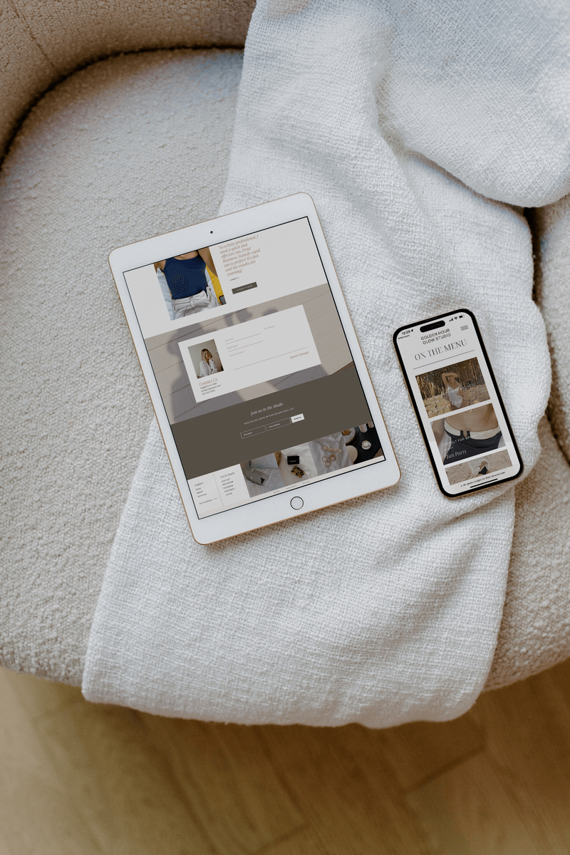 Iphone and Ipad sitting on chair to show how to select the best website building platform for small business.