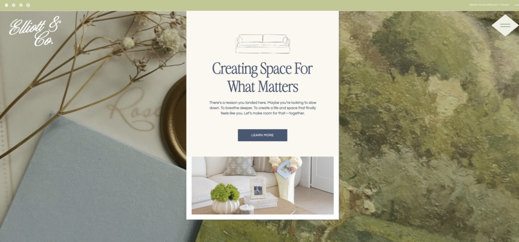 Logo For Interior Design | Flourish Foundry Designs Professional branding for interior design website layout. This image showcases the landing page of Mia Elliot, interior designer.